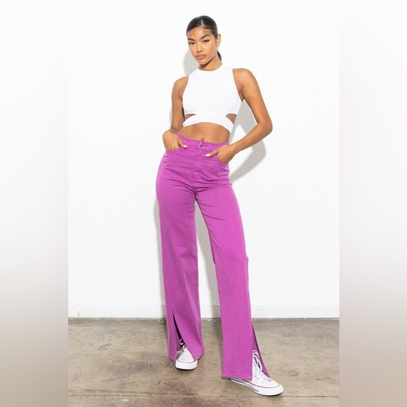 Front Slit Wide Leg Tencel Pants